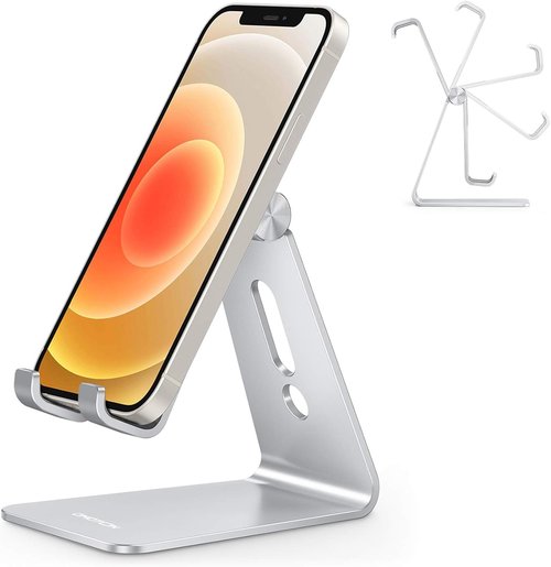 OMOTON Adjustable Cell Phone Stand - Aluminum Desktop Holder with Anti-Slip Base & Charging Port | Fits All Smartphones, Silver