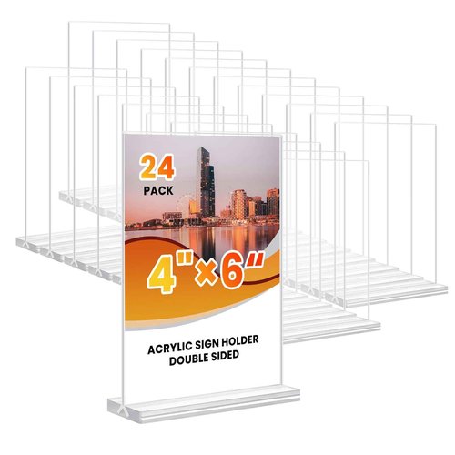 Acrylic Sign Holder 4x6, 24 Pack Clear Table Menu Vertical Clear Table Double Sided Flyer Display, Plastic Flyer Display Stand,Paper photo Plastic Sign Frame Suitable for Restaurants Office Store Show