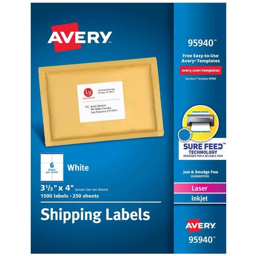 Avery Printable Shipping Labels with Sure Feed, 3-1/3" x 4", White, 1,500 Blank Mailing Labels (95940)