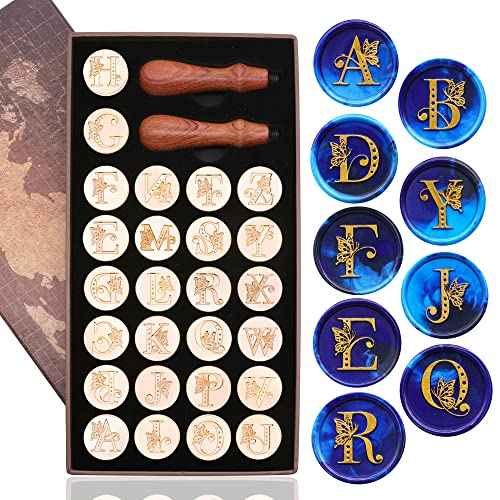 SWANGSA Initial Alphabet Wax Seal Stamp Kit, Vintage Butterfly 26 Letters A-Z Sealing Stamp with 2pcs Wooden Handles Gift Kit for Wedding Party Invitation, Gift Wrap, Christmas Card