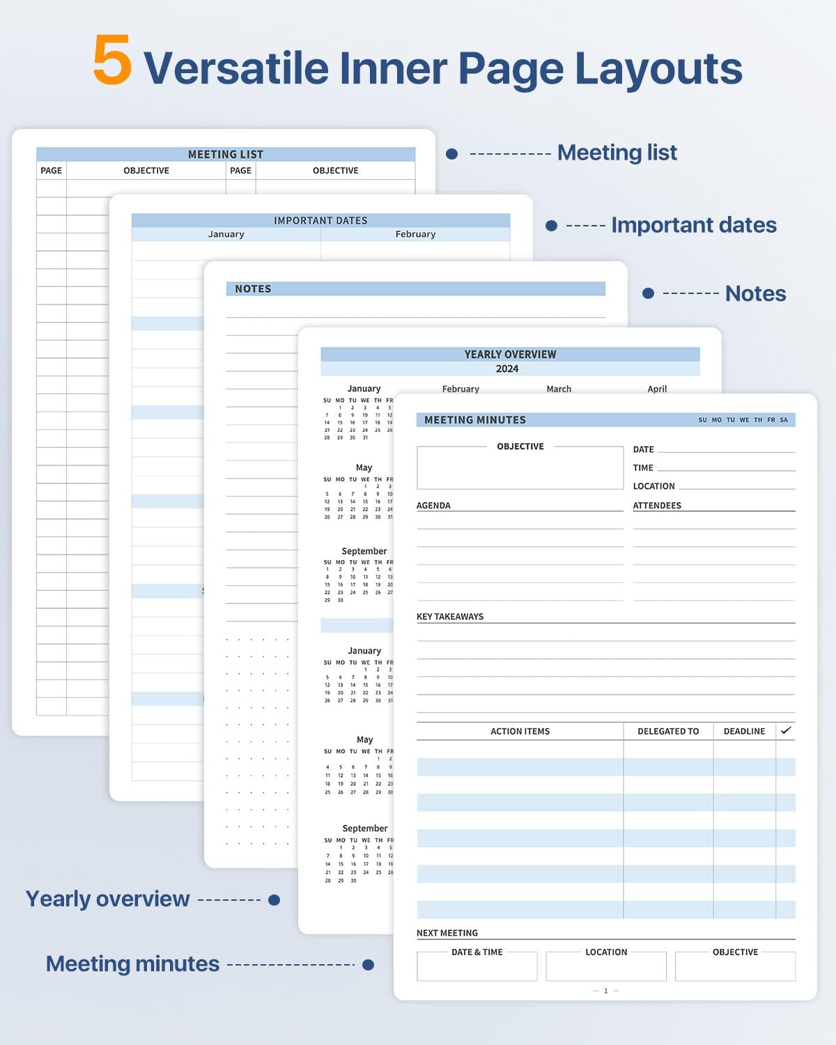 WEMATE Meeting Notebook - B5 Project Planner for Work | Action Items & Agenda Tracking, Dark Blue, 7x10 Inch
