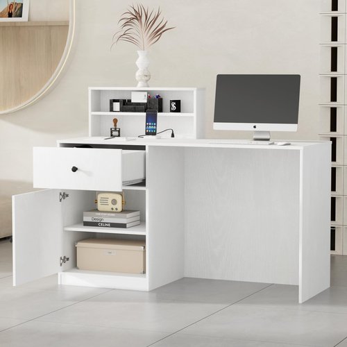VOWNER Small Morden Reception Desk with LED Lighting, 39.4" H Office Counter with Storage Drawers, Secretary Desk with Power Outlets, Front Desk for Salon, Lobby – White (47.2" W x 18.9" D x 39.4" H)