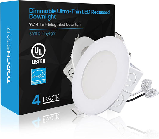 TORCHSTAR 4-Inch LED Recessed Ceiling Light - Dimmable 5000K Daylight, Airtight, UL & Energy Star Listed | Pack of 4