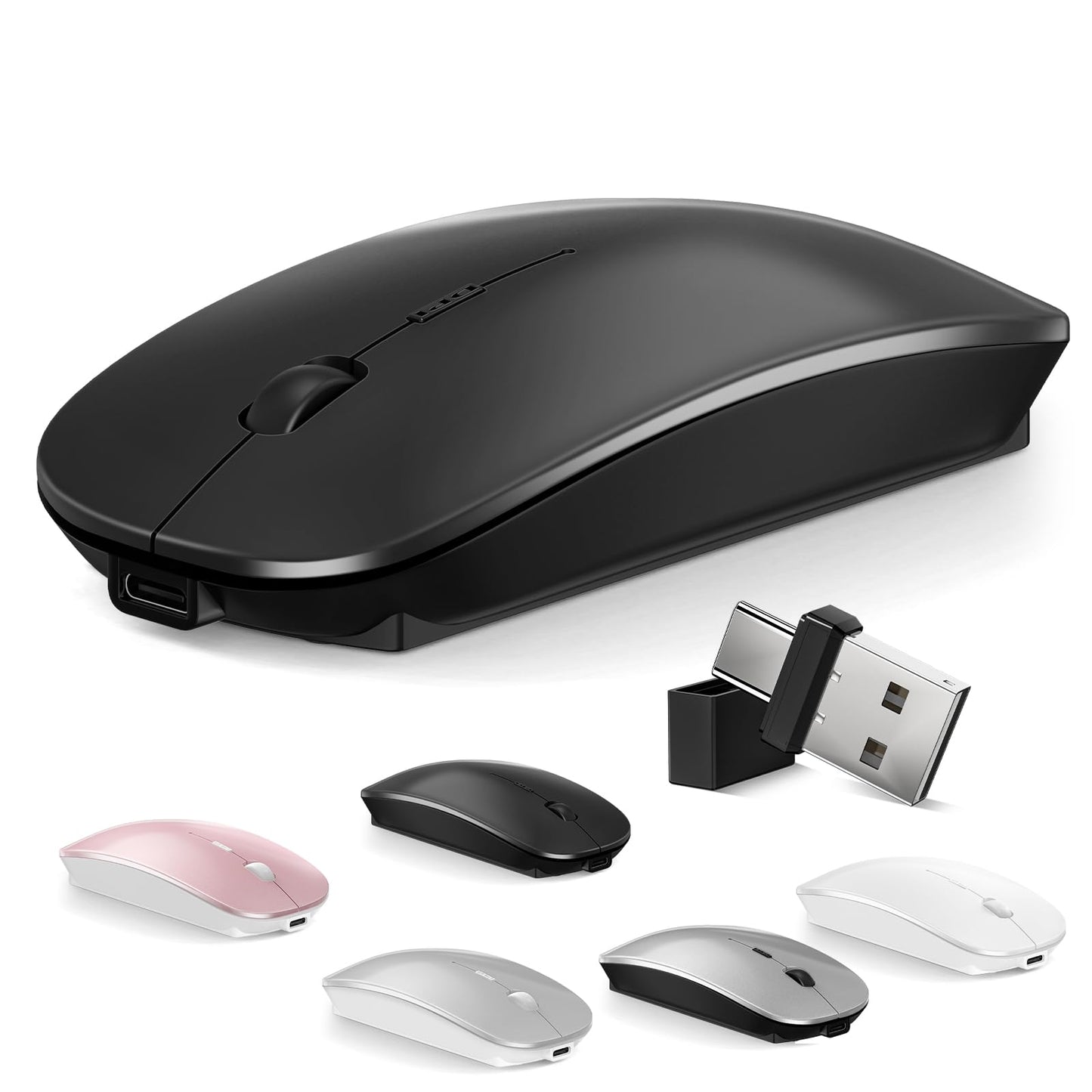 Normdecos Mouse for MacBook Wireless Bluetooth Mouse Laptop MacBook Air Mac Pro Rechargeable Silent PC iPad Optical Mice with Dual Mode Switch Bluetooth 5.2/3.0 and 2.4GHz USB Type-C Receiver Black