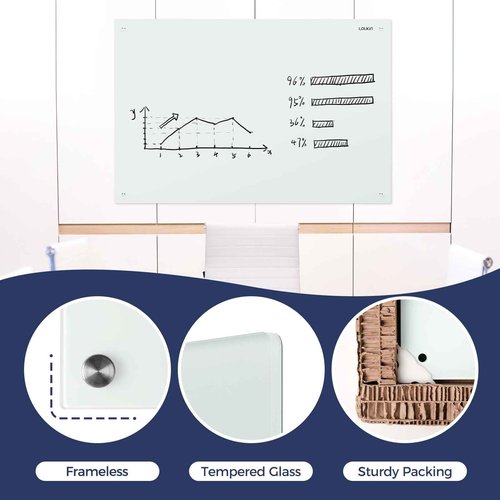 Loukin Glass Whiteboard for Wall, Magnetic Dry Erase Glass Board, Framless Surface White Board for Office, School, Dry Erase Whiteboard Set Includes Cleaner & Eraser & Marker (24" x 36")