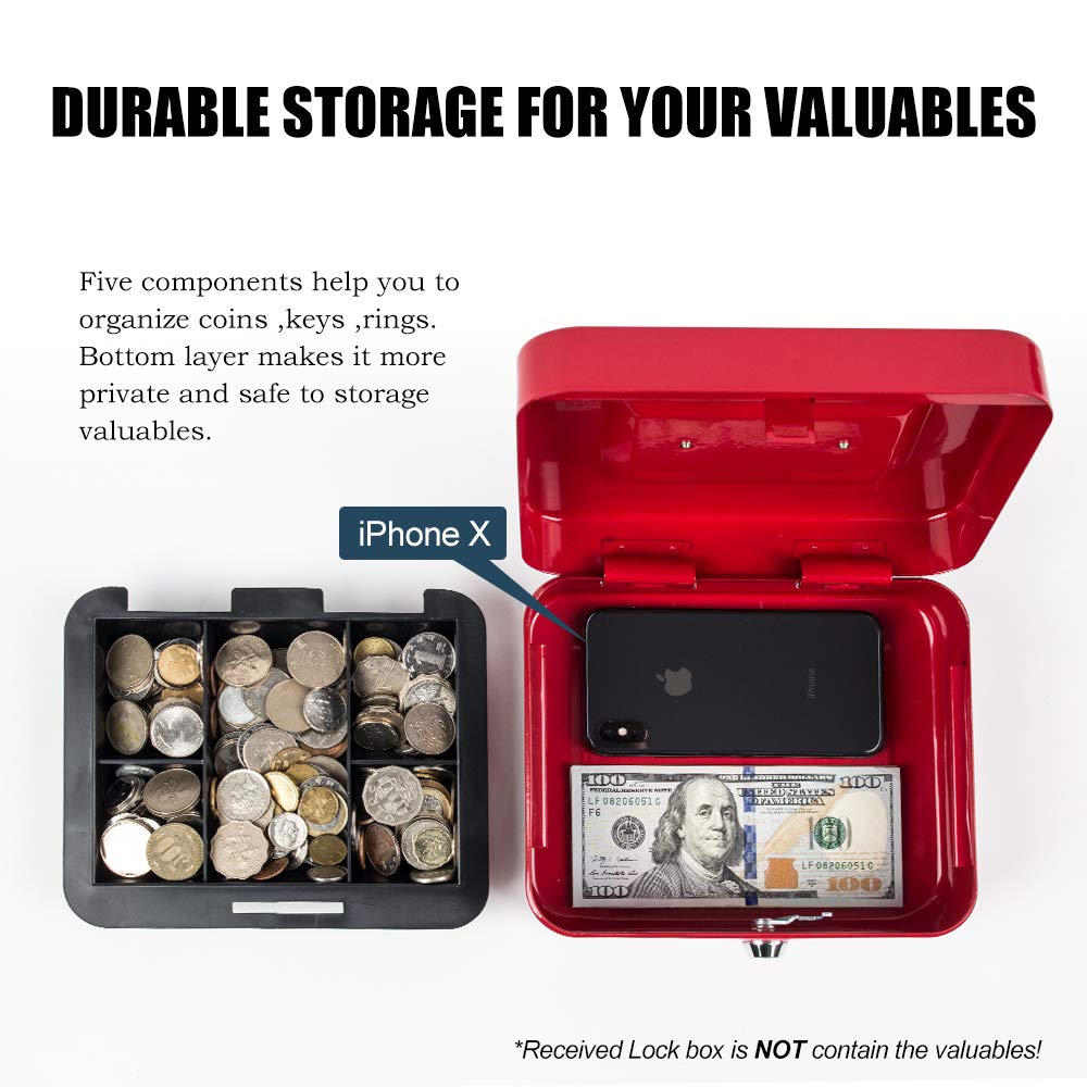 Kyodoled Cash Box with Money Tray,Small Fire Resistant Safe Lock Box with Key,Cash Drawer,5.91"x 4.72"x 3.15" Red Small