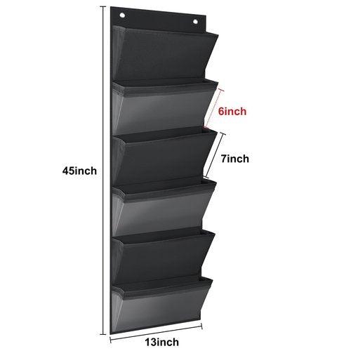 Godery Sustainable Office Storage Pocket, Cascading Wall File Organizer, 6 Pockets, Letter Size, File Folder Holders for Classroom, Office, School and Home, 45" H x 13" W - Black