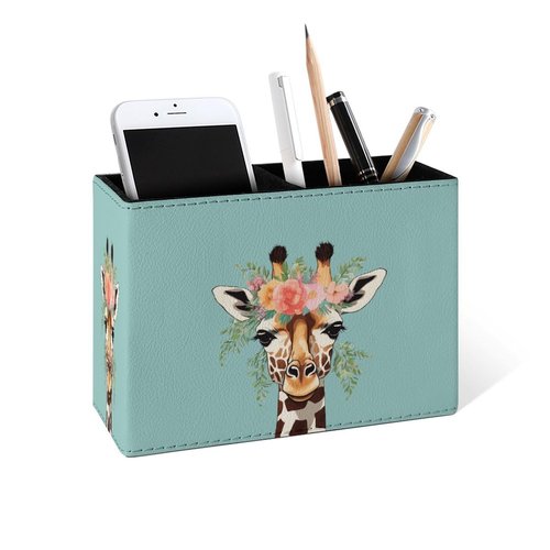 Famame Cartoon Flowers Giraffe Pencil Holder for Desk, Leather Desktop Container Pen Cup Storage Study Table Pen Organizer Makeup Brush Holder for Classroom Office Home