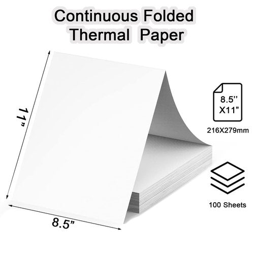 Thermal Printer Paper 8.5 x 11 Inch, 100 Sheets US Letter Size Thermal Paper, Compatible with M08F/A40 Thermal Portable Printer, Continual Feeding Folded Printing Paper (100 Sheets/Continuous Folding)