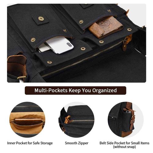 Kattee Military Messenger Bag Canvas Leather Shoulder Bag Fits 13.3 Inch Laptop Black
