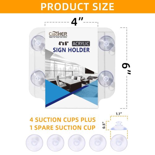 CiaoHER Acrylic Sign Holder 4 x 6, Clear Acrylic Frames Glass Window Wall Mount Advertising Signage Sign Holder with 4 Suction Cups for Mall, Office, Home, Restaurant, Vertical（6 Pack）