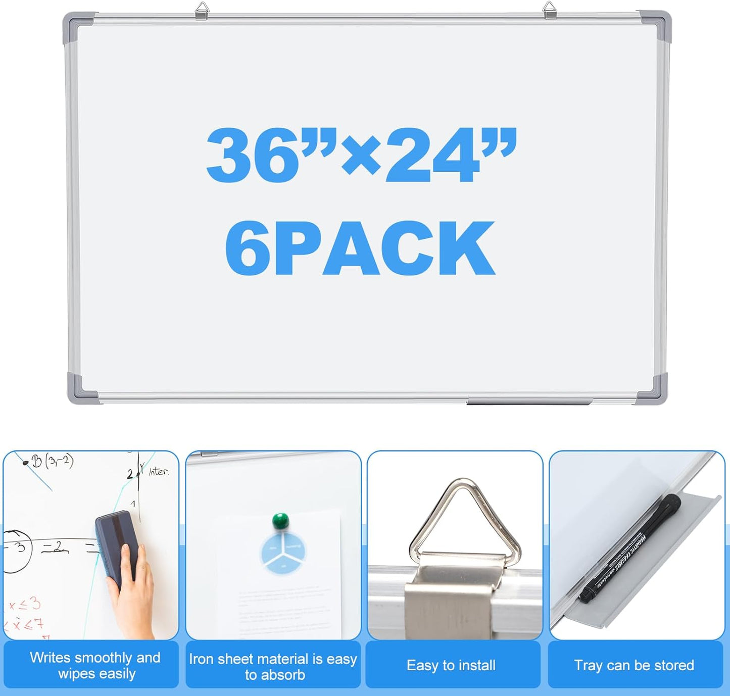Tinlade Magnetic Dry Erase Whiteboard - 6 Pack Aluminum Frame for Home Office | 36 x 24 Inches