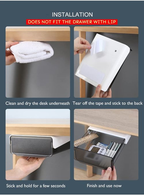 COZYWELL 2 Pack Self-Adhesive Under Desk Drawer, Hidden Under Desk Storage Drawer Slide-out Mounted Organizer for Home Office School Stationery Storage, No Drilling