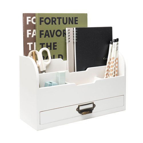 EMAISON Real Wood Desk Organizer 3 Tier Countertop Mail Holder with 5 Compartments and Drawer for Office Accessories (13x7.9x6.3 inches, White)
