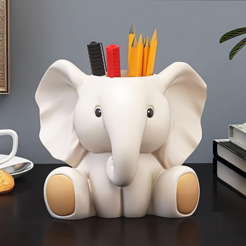 ZKSYLSM Elephant Pencil Holder, Cute Resin Pen Cup Desk Organizer, Decorative Animal Statue Pen Holder for Office, Home Workspace and Gift for Elephant Lovers