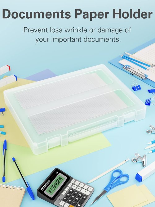 Denkee Large Paper Storage Box, 4 Pack Plastic Scrapbook Paper Storage Organizer with Handle for A4, 8.5 x 11 US Letter, Portable File Document Case, Board Game Storage