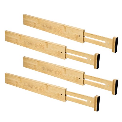 Nirwingly Bamboo Expandable Drawer Dividers Organizers – 4pcs Adjustable Size (17-22") for Kitchen, Bedroom, Bathroom & Office