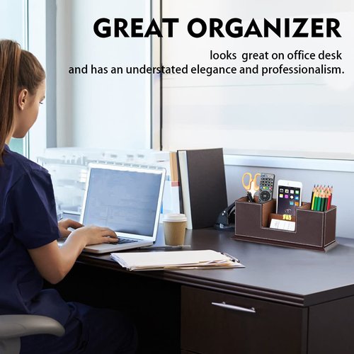 PUSU Desk Pencil Holder, PU Leather Pen Holder for Desk, Executive Desk Organizers and Accessories, Multifunctional Desk Organizer with 4 Compartments Storage Business Card/Pen/Pencil/Phone/Stationery