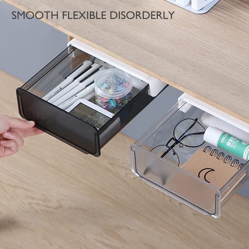 COZYWELL 2 Pack Self-Adhesive Under Desk Drawer, Hidden Under Desk Storage Drawer Slide-out Mounted Organizer for Home Office School Stationery Storage, No Drilling