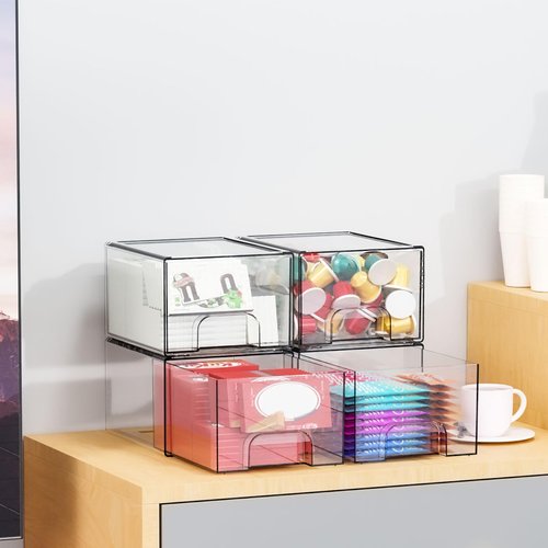 Yieach 4 Pack Stackable Storage Drawers,4.4" Tall Makeup Organizer Countertop,Clear Acrylic Storage Containers Bins for Vanity,Bathroom,Undersink,Plastic Baby Bottle and Medicine Cabinet Organization