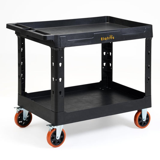ELAFROS Extra Large Heavy Duty Utility Cart 39.9 x 24.6 Inch - Work Cart Big 2-Tier Plastic Rolling Service Cart with Deep Shelves, 6 Inch Casters, 550 lbs Capacity, Black