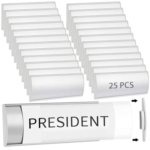 Therwen 25 Pcs Aluminum Office Name Plate Holder for Door Wall Mount 8'' x 3'' Business Sign Holder Office Door Sign Sturdy Curved with Plastic Film and Adhesive Tape (Silver)