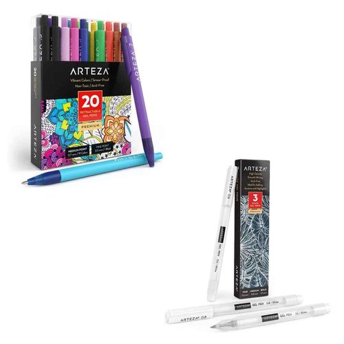 ARTEZA Retractable Gel Ink Pens, Set of 20 Assorted Colors, Fine Tip 0.7 mm White Gel Pens Set, Pack of 3, Art Supplies for Writing in a Notebook, Journal, Planner
