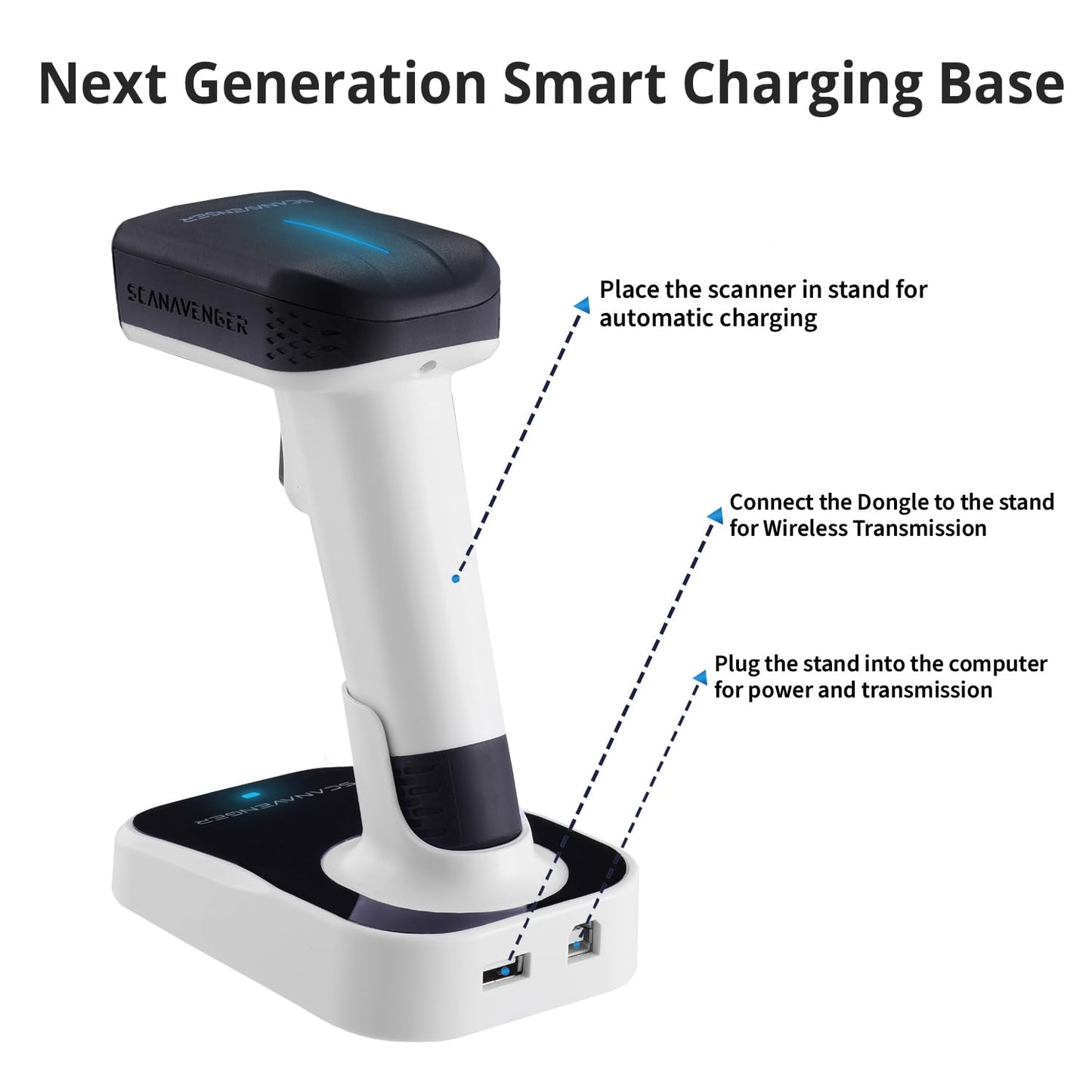 ScanAvenger Wireless Portable 1D&2D with Stand Bluetooth Barcode Scanner: Hand Scanner 3-in-1, Cordless, Rechargeable Scan Gun for Inventory - USB Bar Code/QR Reader (1D&2D Upgraded Next Gen Stand)