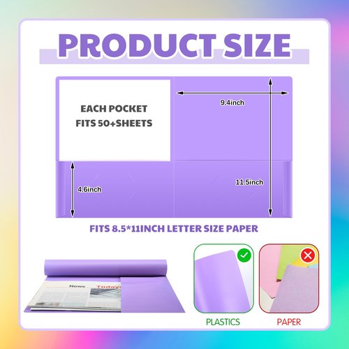 Kisston 24 Pack Plastic Folders with Pockets Back to School File Folders Heavy Duty 2 Pockets Rainbow Bright Folder Fit Letter Size Paper for School Classroom Office Filing Cabinet Resume Portfolio
