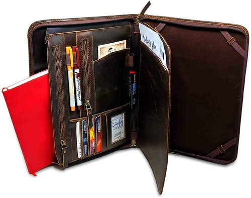 HG-LTHR Genuine Leather Business Portfolio Professional Organizer Men & Women Durable Leather Padfolio with Sleeves for documents & Notepad Compatible with Ipad pro 12.9"