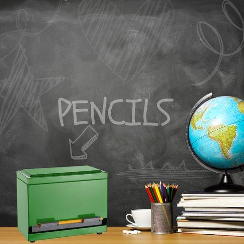2Fold Pencil Dispenser for Classroom - Stainless Steel Bulk Pencil Holder for Desk - Includes Removable Label Stickers - Teacher Must Haves for Organization - Holds up to 200 Pencils (Green)