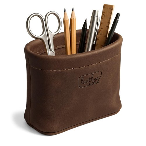 Leather Worx, Desk Organizer Bag Handmade from Full Grain Leather, Pen Holder, School & Office Supplies - Bourbon Brown