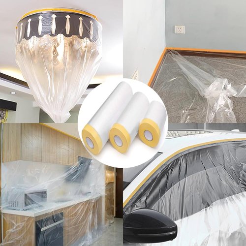 Pre-Taped Masking Film-70inx65ft Tape and Drape Painters Plastic Rolls, Plastic Painting Film for Automotive Painting Covering,Protective Drop Film for Furniture, Car, Floor (6rolls, 70in×65ft)