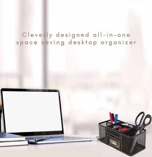 1InTheOffice Desk Supplies Organizer, Desk Caddy 7-Compartment Wire Mesh Accessory Holder, Matte Black