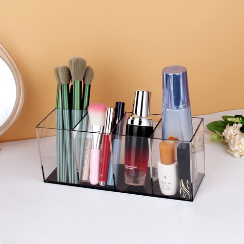 Acrylic Pen Holder Handmade,4 Slot Pencil Organizer Countertop,Pencil Stationery Organizer for Office Accessory, Makeup Cosmetic Brushes Storage, Vanity Organizer for Bathroom (Black based, 2PACK)
