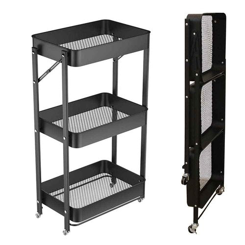 XIWODE 3 Tier Folding Metal Rolling Cart with Wheels,Black Mobile Organizer Service Cart for Kitchen Bathroom Office,No Assembly Need Trolley Shelf