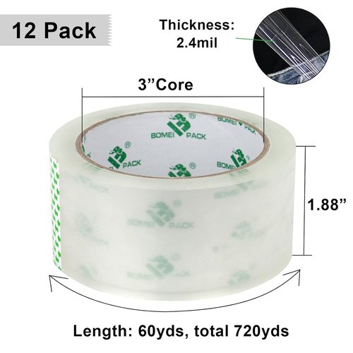 BOMEI PACK Heavy Duty Clear Packing Tape - 12 Rolls with Free Dispenser | 2.4 Mil, 1.88 Inch x 60 Yard