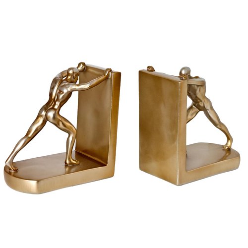 Gold Man Pushing Bookends for Shelves, Modern Resin Decorative Book Ends for Heavy Books, Unique Book Holders for Home Office Desk Decor