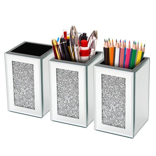 Pibeyer Desktop Mirrored Pencil Holder Cup and Pen Holder, Crush Diamond Office Stationery Organizer, Set of 3