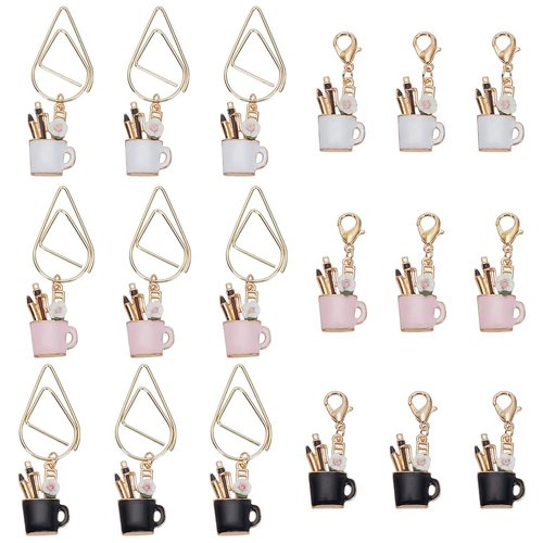 PLIGREAT 9 Pcs Alloy Paperclips with 9 Pcs Enamel Pen Charms Creative Decorative Paper Clips Cute Pendant Bookmarks Mixed Paper Clamps for Document Organizing Scrapbooks Office School Supplies