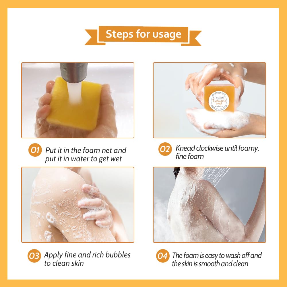 LIYALAN Turmeric Soap Bar 3.88 oz each Bar for Face Body Acne,Smooth Skin,Cleansing Natural Handmade Soap contains 3 bars