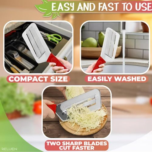 Stainless Steel Shredder Knife, 2025 Upgraded Cabbage Shredder, Dual Blade Julienne Cutter for Slicing, Grating & Shredding - Perfect for Sauerkraut, Coleslaw, Vegetables with Hook(Black+Red)