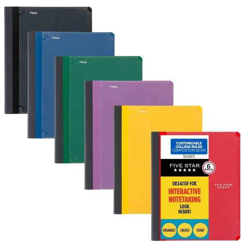 Five Star Interactive Notetaking Composition Book, 6 Pack, 1 Subject, College Ruled Paper, 9" x 11", 100 Sheets, Customizable, Assorted Colors (38612)