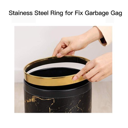 Huaqinglian Small Office Trash can Garbage can Metal Open top Wastebasket bin with Removable Gold Ring which for Hold Garbage Bag for Bathroom,Living Room,Bedroom Using (Black Gold Marble)