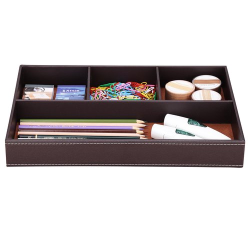 KINGFOM Pu Leather Desk Organizer Tray, 4 Compartment Office Storage Supplies Stationery Drawer Tray, Nightstand Bedside Tray for Key, Wallet, Watch, Coin, Phone Valet Tray Stackable