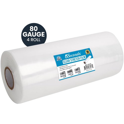 5Seconds Industrial Grade Pallet Stretch Wrap – 18" x 1500 Ft Clear Shrink Wrap, 80 Gauge, 7 Layers, 20 Microns, 800% Stretch – 4 Rolls – Heavy Duty Plastic Wrap for Moving & Storage