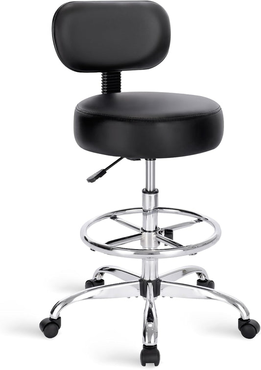 SUPERJARE Drafting Chair - Adjustable Rolling Stool with Foot Rest & Thick Cushion - Black