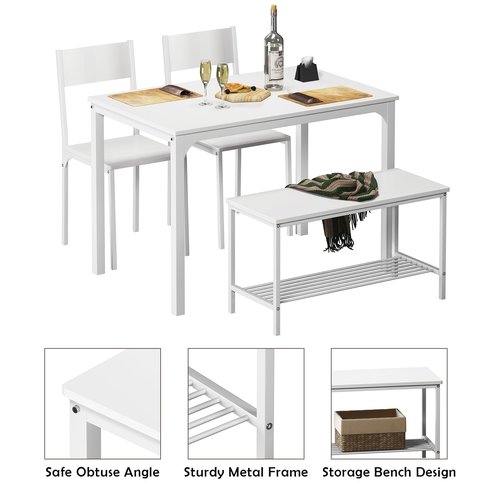 SogesHome Dining Table Set with 2 Chairs and 1 Bench, Bar Set Kitchen Table and Chairs for Dining Room Resturant Bistro Set, Pure White