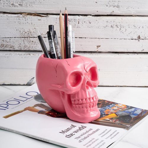 Arola Pink Skull Pen & Pencil Holder Skeleton Key Holder Makeup Brush Holder flower pot Home Office Desk Supplies Organizer Accessory