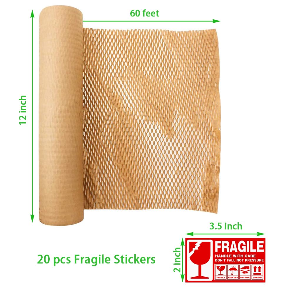Honeycomb Packing Paper 12" W x 60' L Packing Paper for Moving Products & Gifts Honeycomb Wrapping Paper Recyclable and Biodegradable Cushioning Packing Material with 20 Fragile Stickers